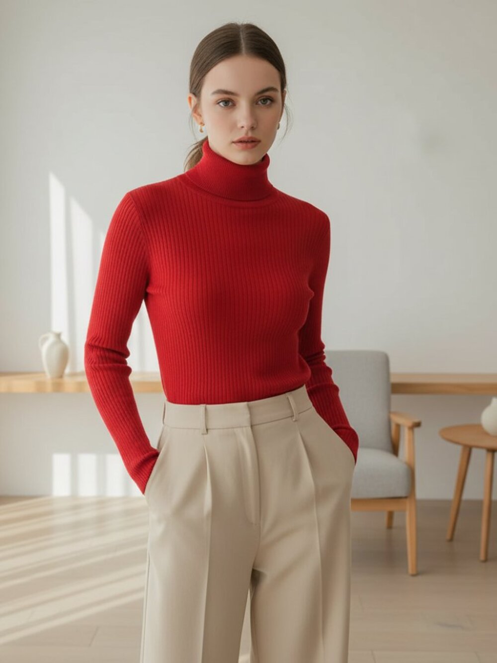Coldwater Creek S Sweater Red Turtleneck‎ Fitted Ribbed Preppy Classic Layering